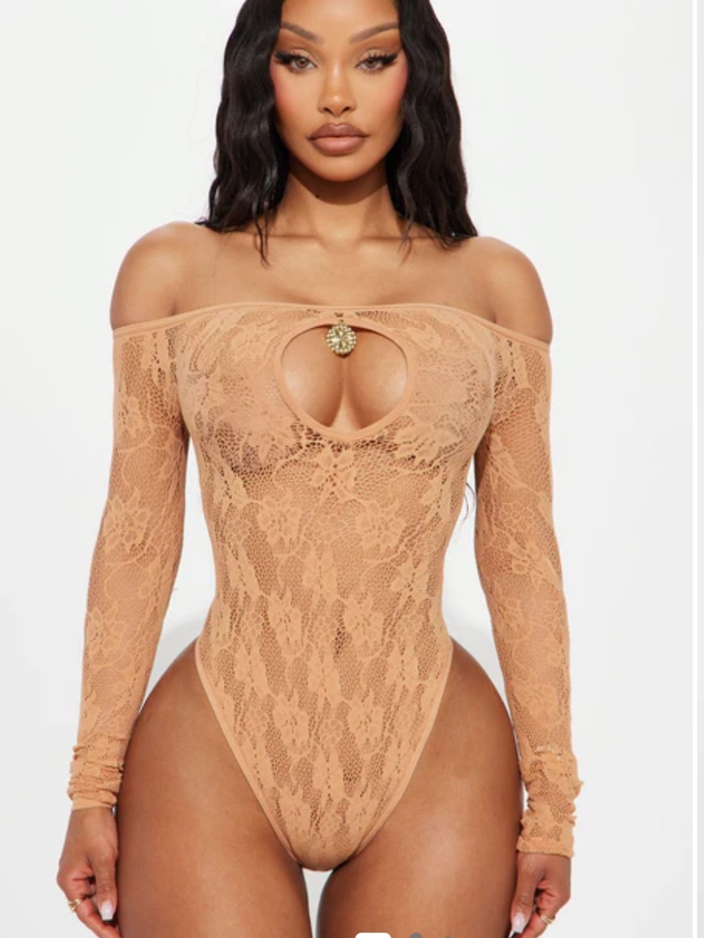Off-Shoulder Lace Bodysuit in Tan